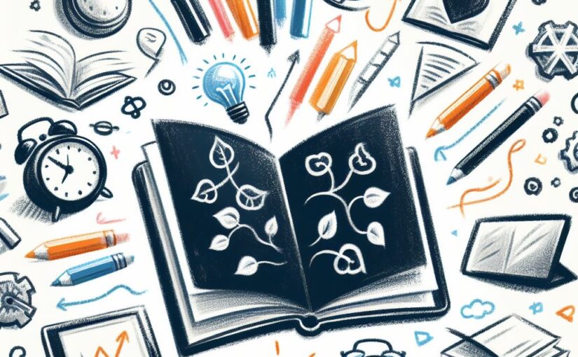 A colour charcoal drawing of an open book with stems and leaves drawn on the open pages. There are a number of items you might find on a student desk.